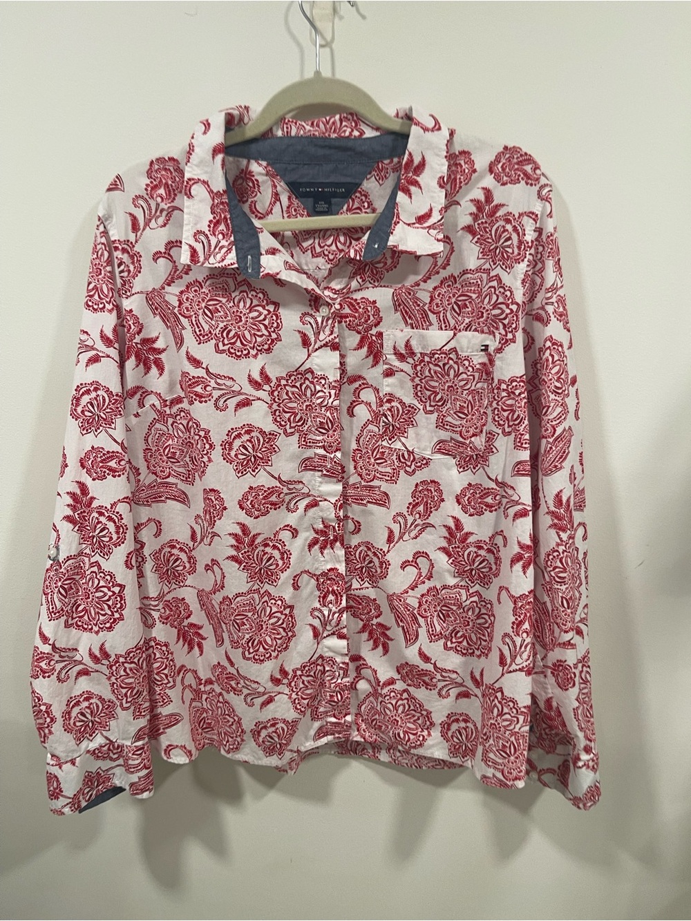 Tommy Hilfiger Red and White Paisley Button-Up Shirt